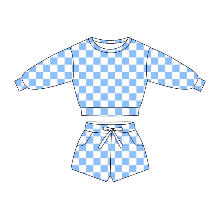 Preorder(moq 5) Baby Girls Blue Checked Long Sleeve Pockets Shorts Clothes Sets 10.27