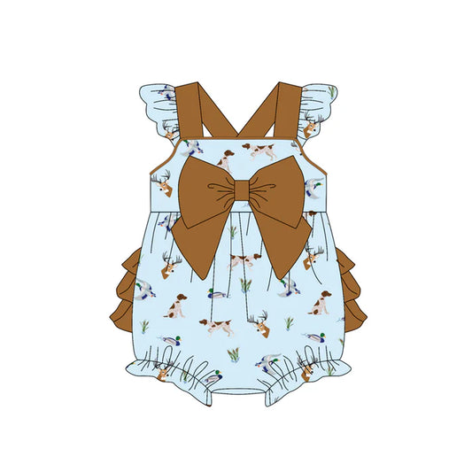 Preorder (moq 5)Baby Girls Blue Flutter Sleeves Brown Bow Top Deer Ducks Dogs Ruffle Bubble Rompers 5.14