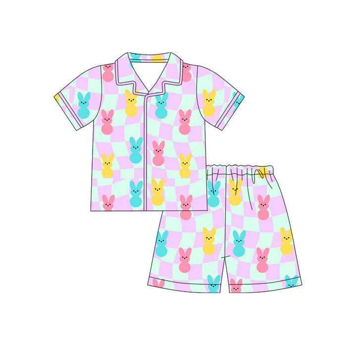 Preorder (moq 5)Baby Girls Colorful Rabbits Checked Button Top Shorts Easter Pajamas Sets 12.12