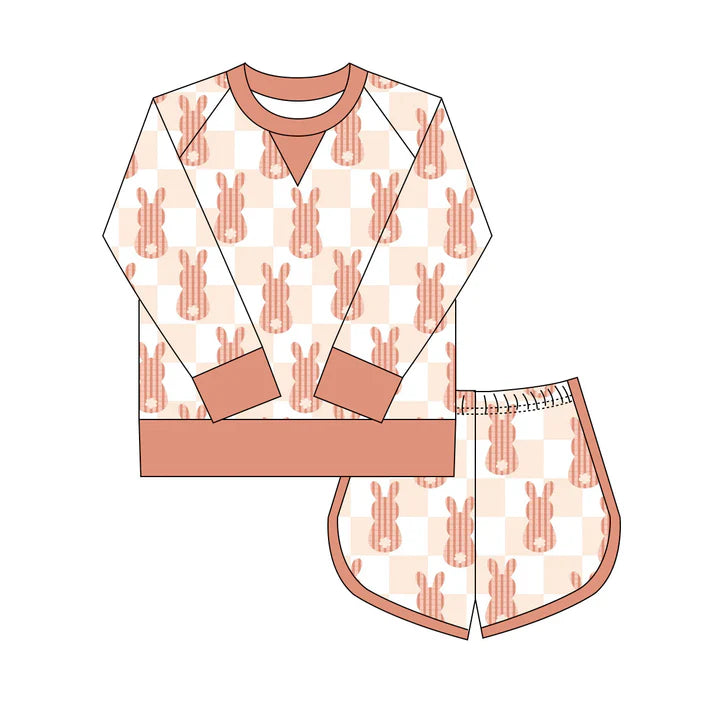 Preorder(moq 8)Baby Girls Orange Checked Rabbits Long Sleeve Top Shorts Easter Clothes Set 9.27