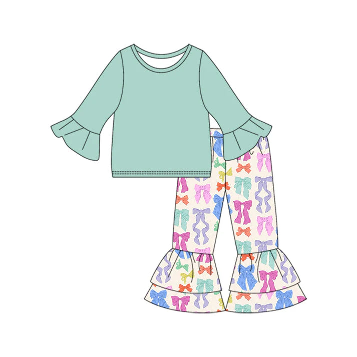 Preorder (moq 5)Baby Girls Green Long Sleeve Top Bows Ruffle Pants Sets 8.29