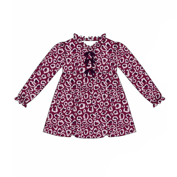 Preorder (moq 5)Baby Girls Maroon Leopard Bows Knee Length Dresses 8.7