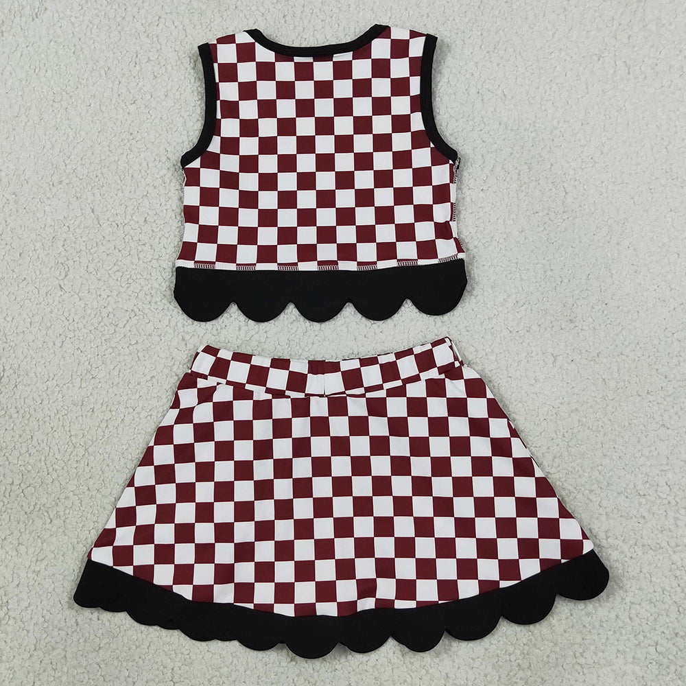 Baby Girls Clothes Maroon Checked Gamecocks Top Bows Skirt Short Scallop Team Clothes Set GSD4288