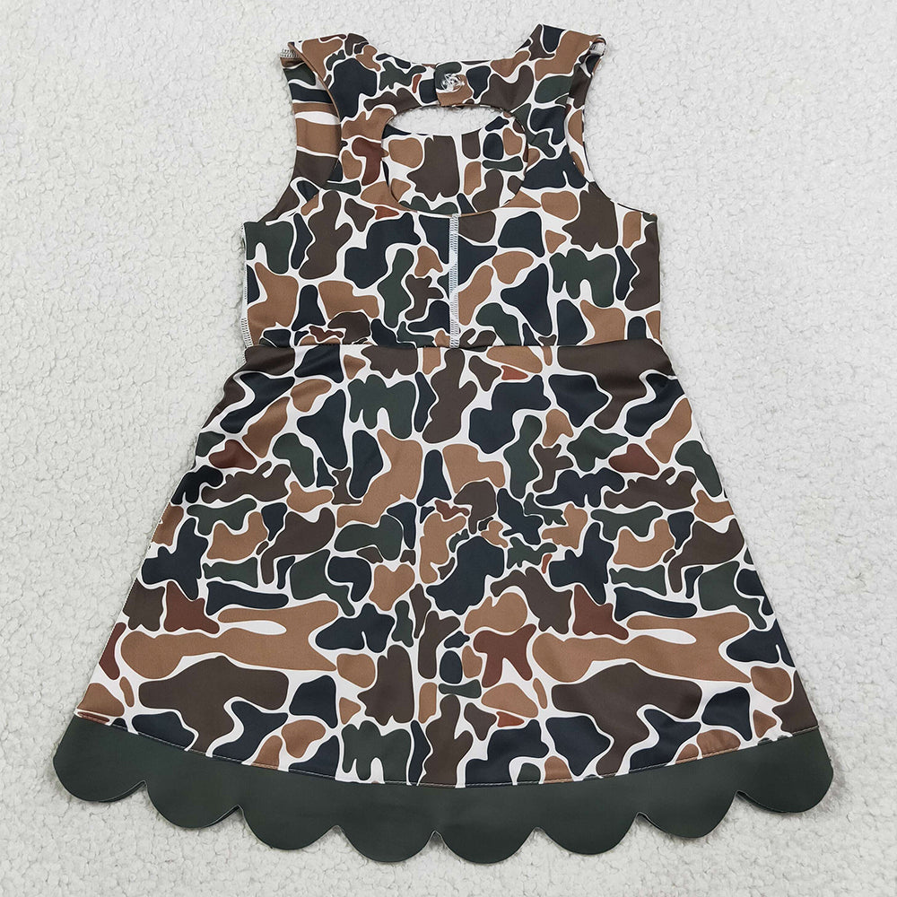Baby Girls Dress Dark Brown Camo Yoga Active Short Bows Scallop Knee Length Dress GSD4229