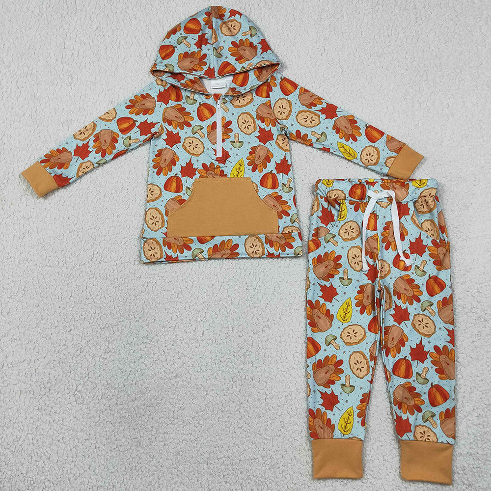 Baby Boys Clothes Pumpkins Turkey Zip Pockets Hoodie Joggers Thanksgivings Clothes Set BLP1505