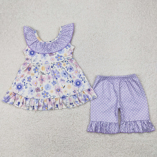 Baby Girls Clothes Lavender Flowers Bow Tunic Tops Ruffle Shorts Sets GSSO2306