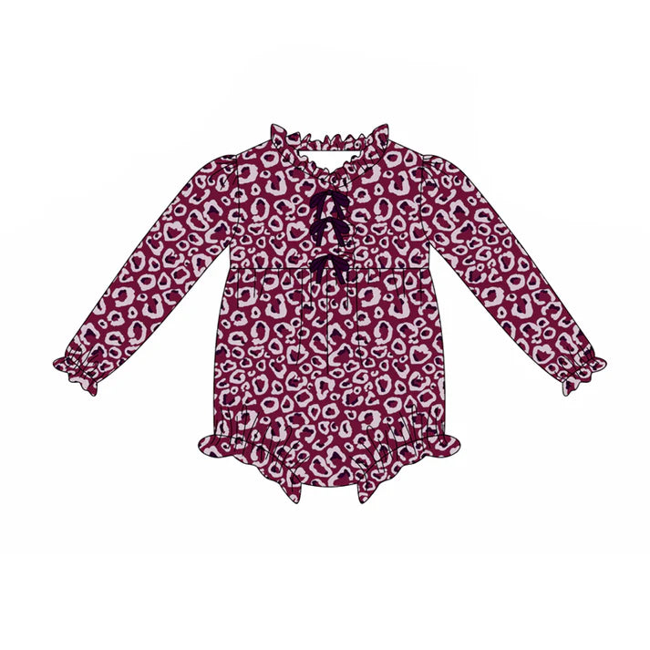 Preorder(moq 5)Baby Girls Maroon Leopard Bows Bows Rompers 8.7