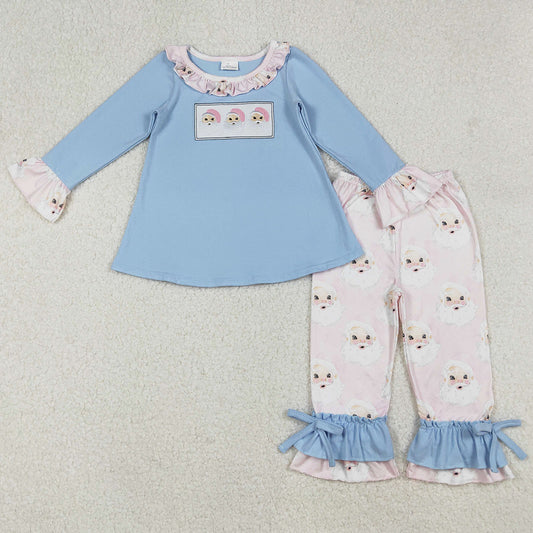 Baby Girls Clothes Christmas Blue Santas Claus Tunic Ruffle Pants Sets GLP1226 9.9