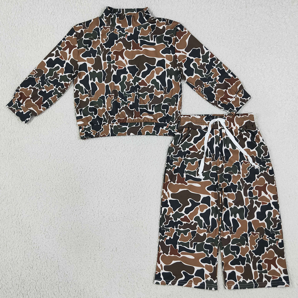 Baby Girls Clothes Dark Brown Camo Choker Top Pockets Flare Pant Yoga Active Clothes Set GLP3601