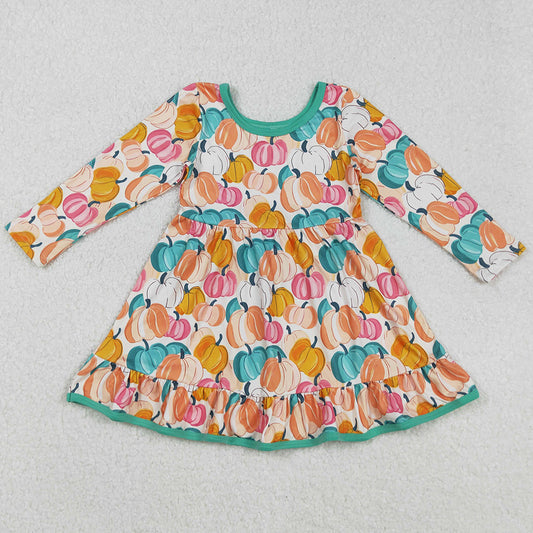 Baby Girls Dress Colorful Pumpkins Plaid Fall Ruffle Knee Length Dresses GLD1264 9.5