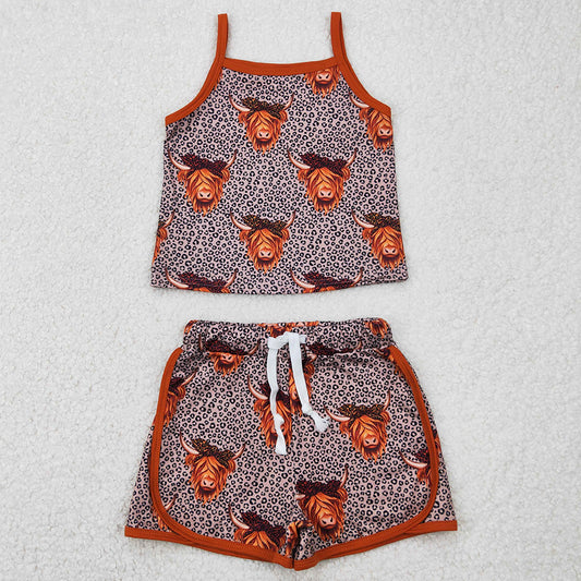 Baby Girls Clothes Brown Strap Leopard Highland Cows Top Shorts Sets GSSO2341 4.2