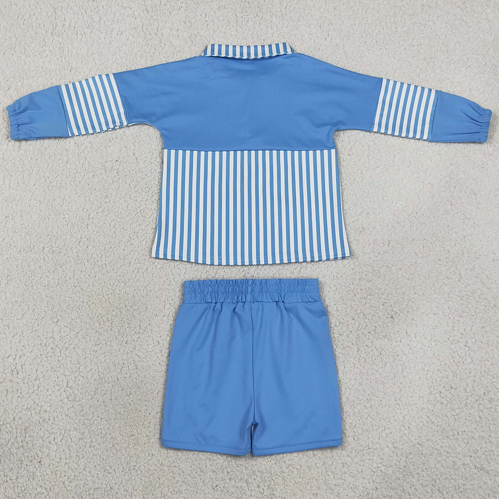 Baby Girls Clothes Blue Stripe Zip Pullovers Shorts Yoga Active Clothes Sets GLS0107