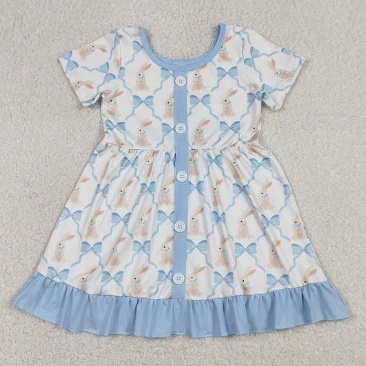 Baby Girls Dress Bows Rabbits Checked Button Easter Ruffle Knee Length Dresses GSD3416 1.1