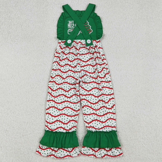 Baby Girls Jumpsuits Green Strap Red Stripe Christmas Trees Embroidery Ruffle Pant Jumpsuits SR3178 9.9