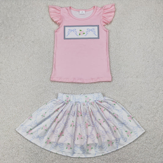 Baby Girls Clothes Pink Flutter Sleeves Bows Floral Top Skorts Sets GSD2298