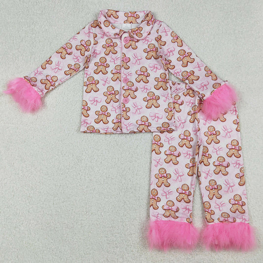 Baby Girls Pajamas Pink Fur Gingerbread Button Top Pants Christmas Pajamas Sets GLP2374 9.9