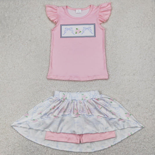 Baby Girls Clothes Pink Flutter Sleeves Bows Floral Top Skorts Sets GSD2298