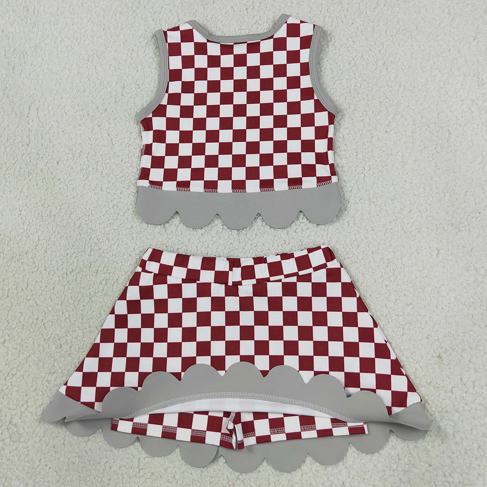 Baby Girls Red Checked Alabama Bows Skirt Short Yoga Active Team Scallop Clothes Set GSD4284