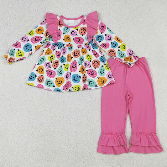 Baby Girls Clothes Long Sleeves Colorful Ghost Pumpkins Top Ruffle Pants Set GLP2569 9.6