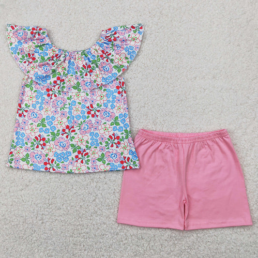 Baby Girls Clothes Pink Flowers Ruffle Tunic Tops Shorts Sets GSSO2277