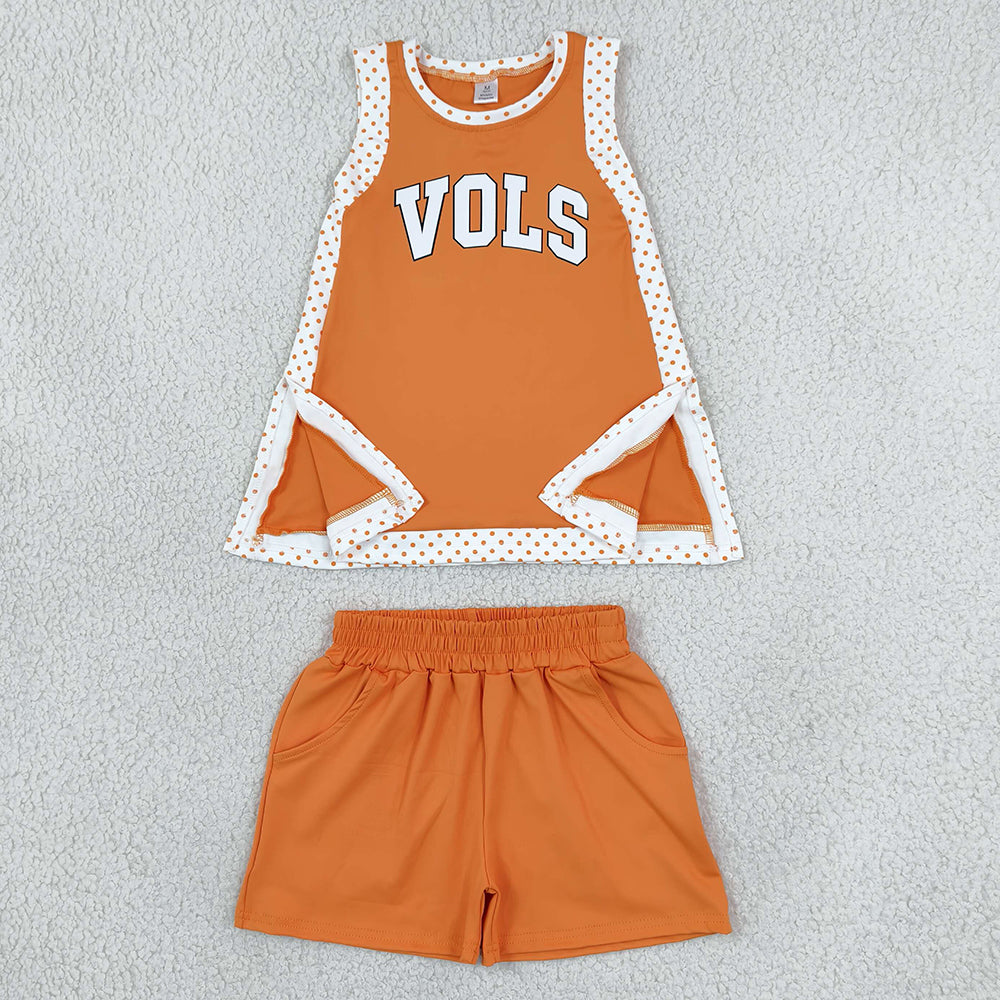 Baby Girls Orange Polka Dots Vinyl Vols Split Tunic Pockets Short Yoga Active Team Clothes Sets GSSO3852