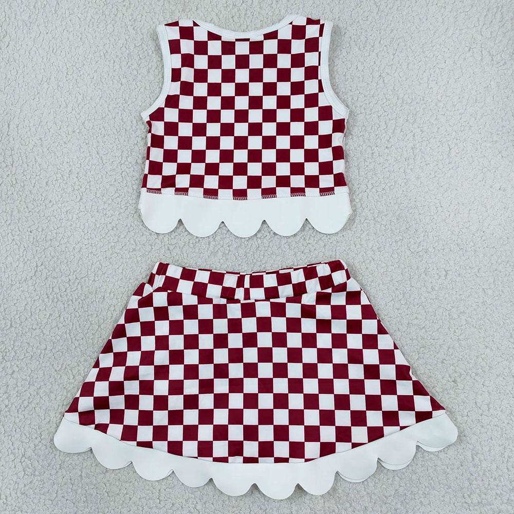 Baby Girls Red Checked Arkansas Top Bows Skirt Short Scallop Clothes Sets GSD4286