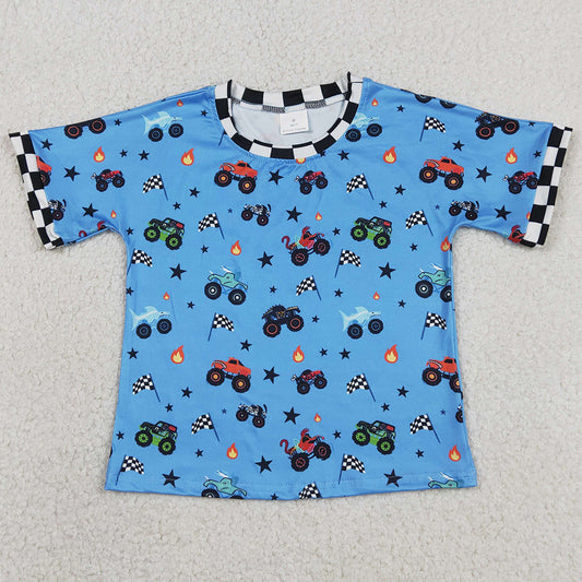 Baby Boys Clothes Blue Short Sleeve Motor Cars Flags 4th of July T-shirts Top BT1496