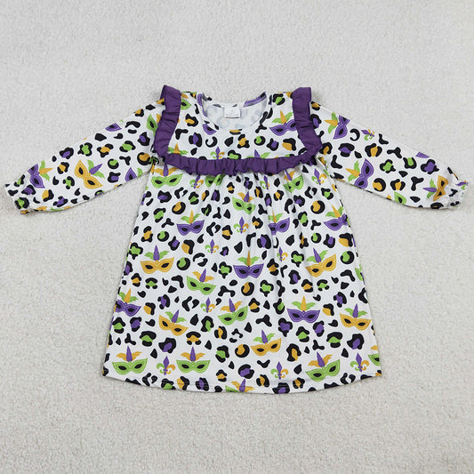 Baby Girls Dress Purple Green Yellow Leopard Masks Mardigras Knee Length Dress GLD1319 1.1
