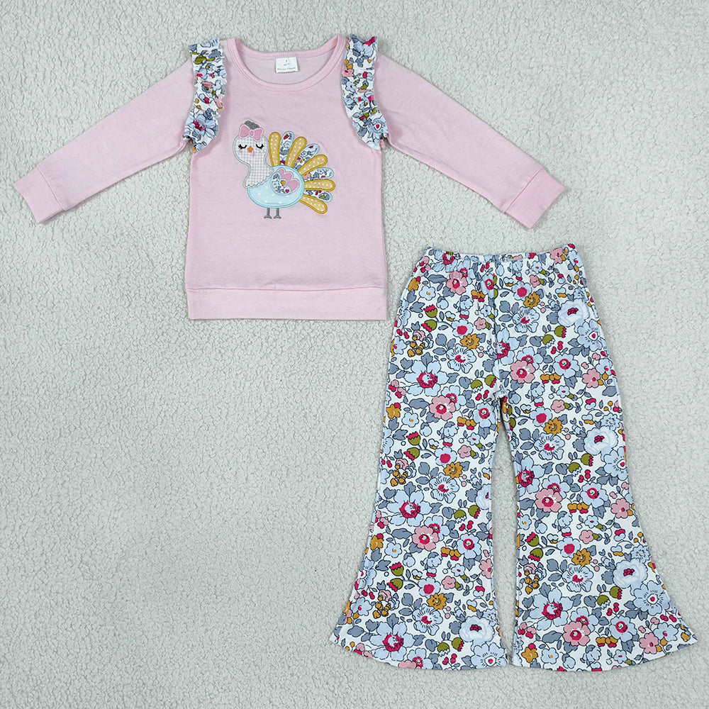 Baby Girls Clothes Embroidery Turkey Flowers Top Flare Pant Thanksgivings Clothes Sets GLP3597