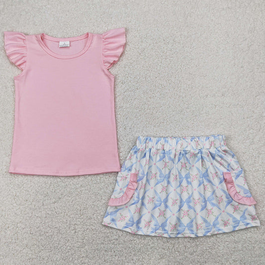 Baby Girls Clothes Pink Flutter Sleeves Top Floral Bows Pockets Skirts Sets GSD2360 4.9