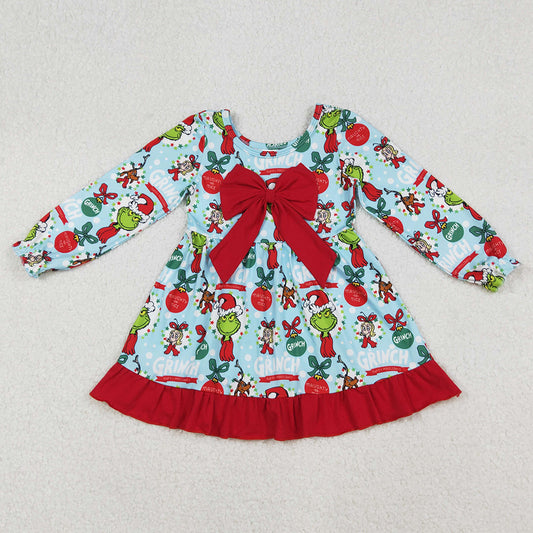 Baby Girls Dress Christmas Green Face Bows Holly Big Bow Knee Length Dresses GLD1269 9.13