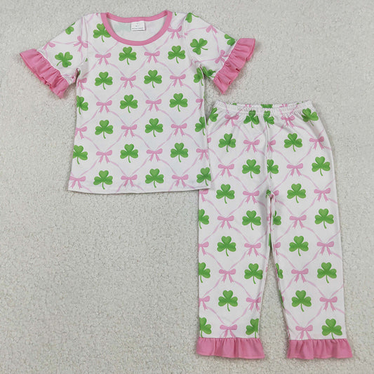 Baby Girls Pajamas Bows Clovers Checked Top Ruffle Pants St Patrick Pajamas Sets GSPO1838 11.21