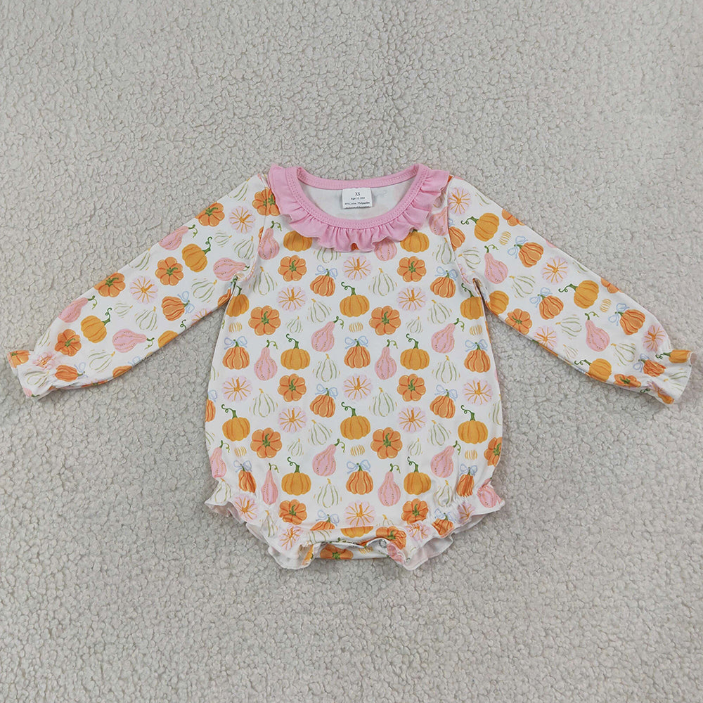 Baby Girls Rompers Long Sleeve Pumpkins Bows Fall Button Ruffle Romper LR3083