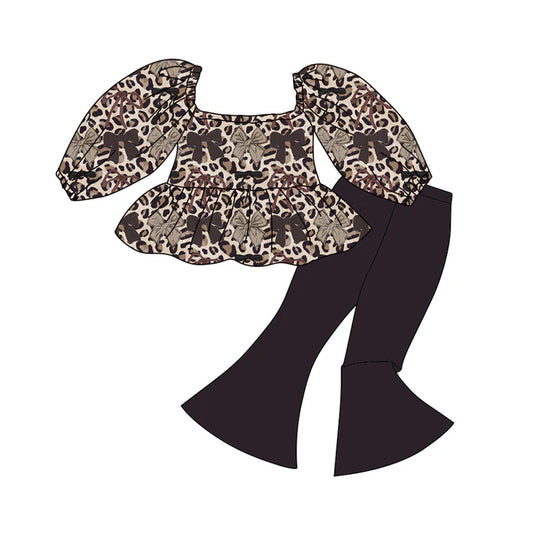 Preorder (moq 5)Baby Girls Leopard Bows Ruffle Tunic Bell Bottom Pants Western Clothes Sets 12.15
