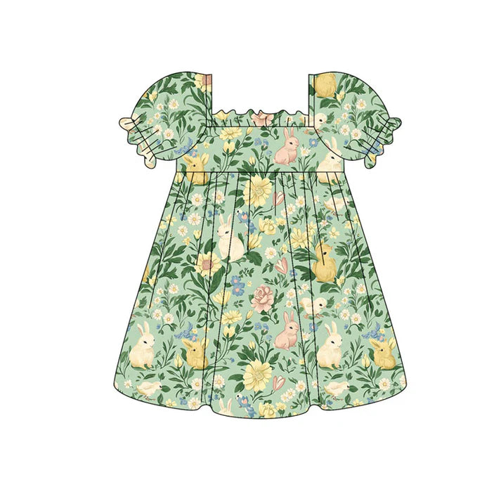Preorder (moq 8)Baby Girls Green Ruffle Sleeve Rabbits Flowers Easter Knee Length Dress 9.16