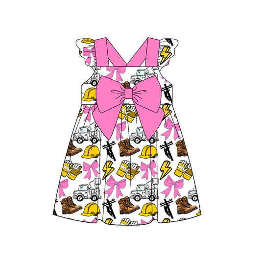 Preorder (moq 5)Baby Girls Hot Pink Flutter Sleeves Line Men Bows Knee Length Dress 5.13
