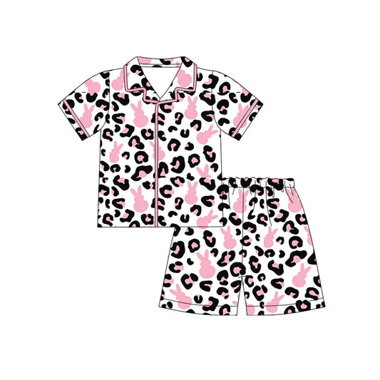 Preorder (moq 5)Baby Girls Pink Rabbits Leopard Button Top Shorts Easter Pajamas Sets 12.12