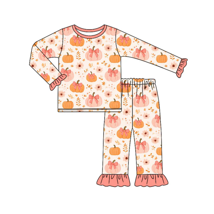 Preorder (moq 5)Baby Girls Long Ruffle Sleeves Peach Bows Pumpkins Top Pant Pajamas Set 6.18