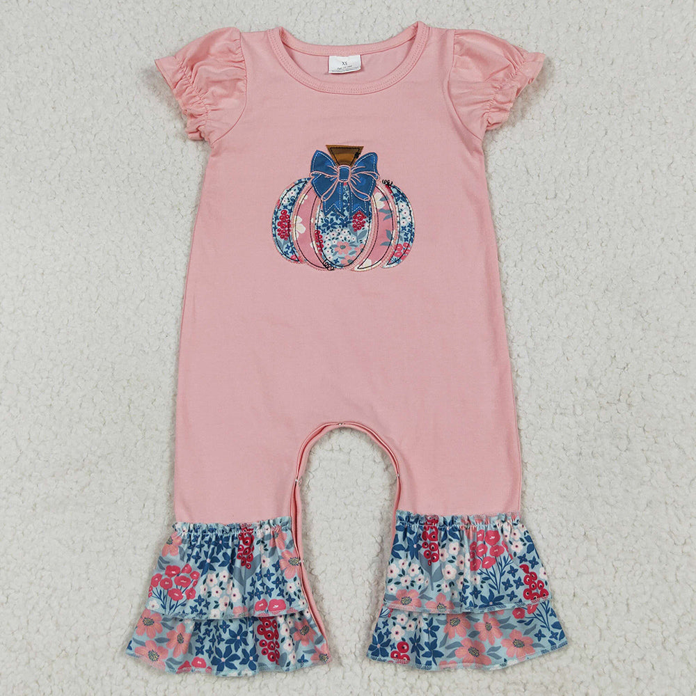 Embroidery Baby Girls Rompers Pink Short Ruffle Sleeves Floral Pumpkins Rompers SR3112 6.26