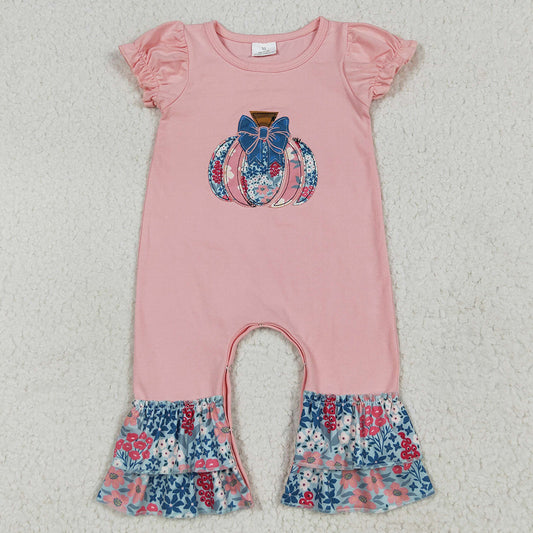 Embroidery Baby Girls Rompers Pink Short Ruffle Sleeves Floral Pumpkins Rompers SR3112 6.26