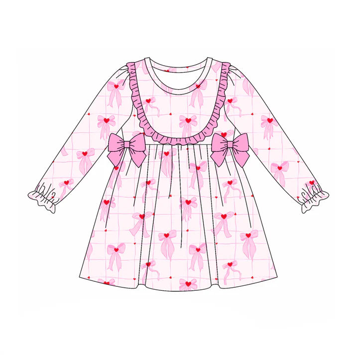 Preorder (moq 5)Baby Girls Long Ruffle Sleeves Pink Hearts Bows Plaid Knee Length Dress 7.28