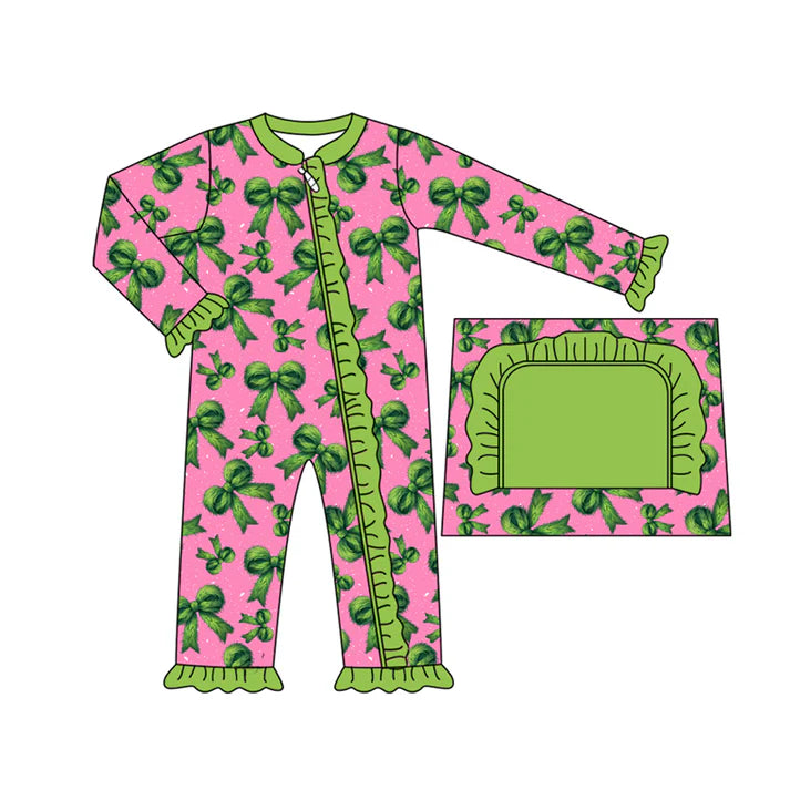 preorder(moq 5)Baby Infant Girls Green Bows Plaid Ruffle Christmas Zipper Rompers 7.31