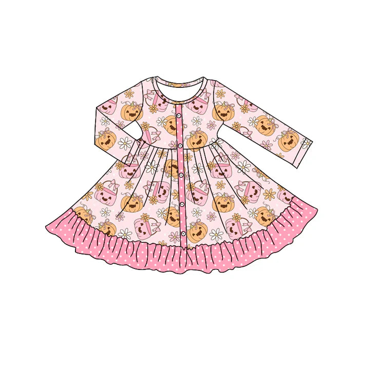 Preorder moq 5 Baby Girls Pink Long Sleeves Flowers Pumpkins Button Ruffle Knee Length Dresses 5.7