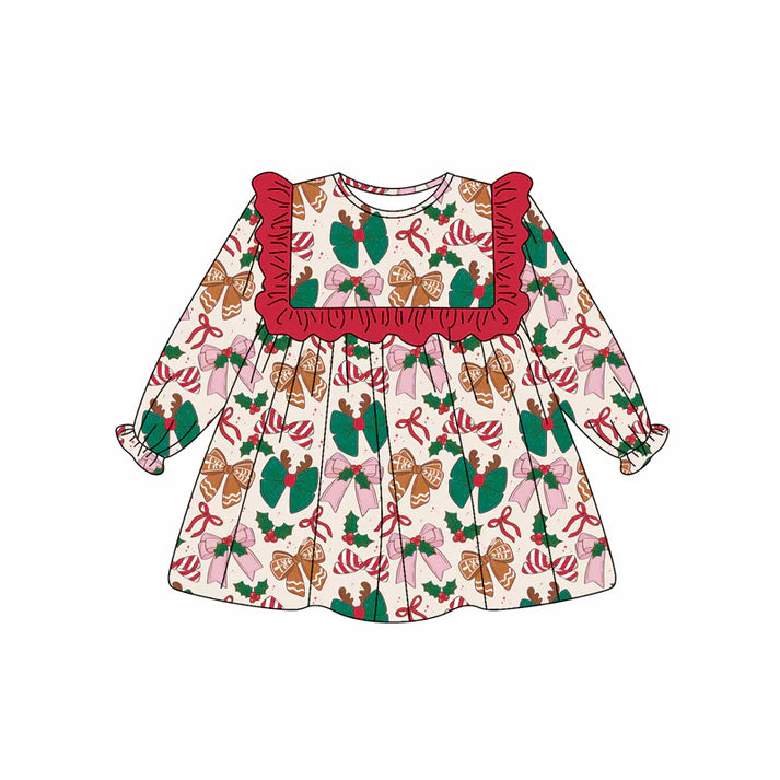 Preorder (moq 5)Baby Girls Long Ruffle Sleeves Colorful Bows Knee Length Dresses 6.12