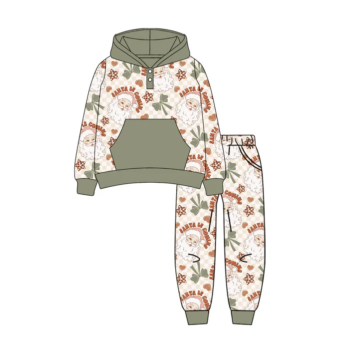 Preorder (moq 5)Baby Boys Olive Long Sleeves Bows Santa Pocket Button Hoodies Legging Pant Sets 6.10