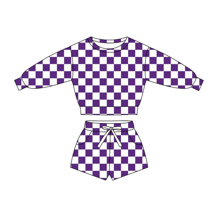 Preorder(moq 5) Baby Girls Purple Checked Long Sleeve Pockets Shorts Clothes Sets 10.27