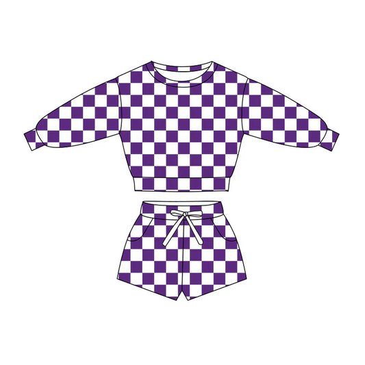 Preorder(moq 5) Baby Girls Purple Checked Long Sleeve Pockets Shorts Clothes Sets 10.27