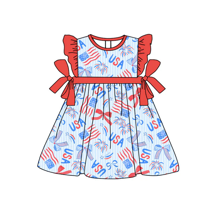 Preorder moq 5 Baby Girls Red Flutter Sleeves Firework Bows USA 4th Of July Knee Length Dresses 4.22