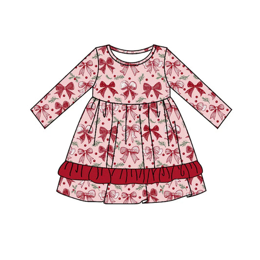 Preorder (moq 5)Baby Girls Hot Pink Long Sleeves Bows Plaid Knee Length Dresses 5.20