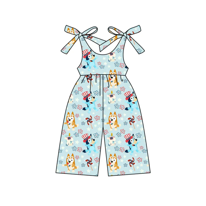 Preorder (moq 5)Baby Girls Blue Strap Cartoon Dogs Flowers 4th Of July Jumpsuits 4.25
